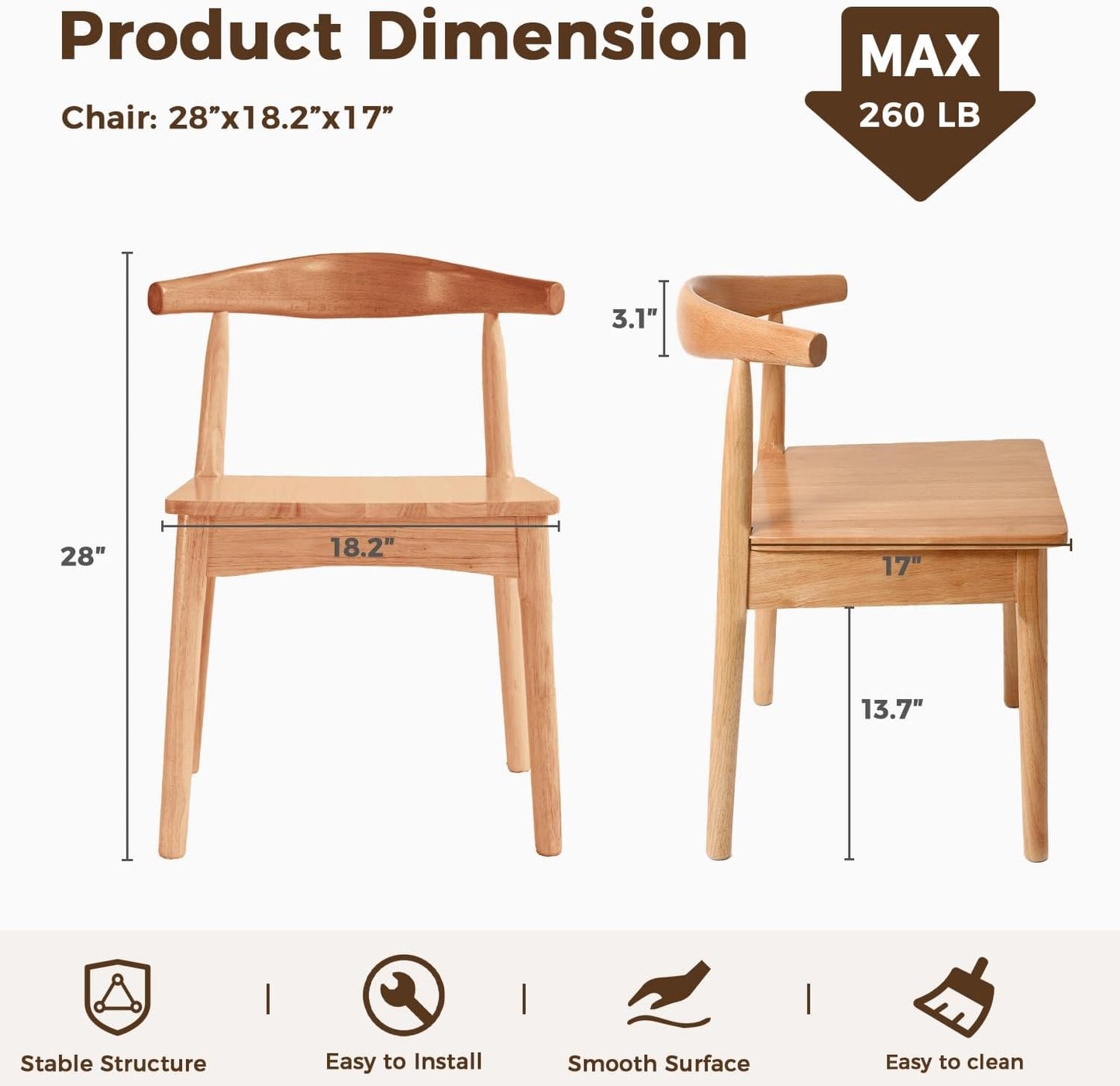 DELAVIN Solid Wood Dining Chairs Set of 4, Farmhouse Dining Room Chairs with Curved Backrest, Mid Century Modern Dining Chair for Living Room, Kitchen, Bedroom, Oak