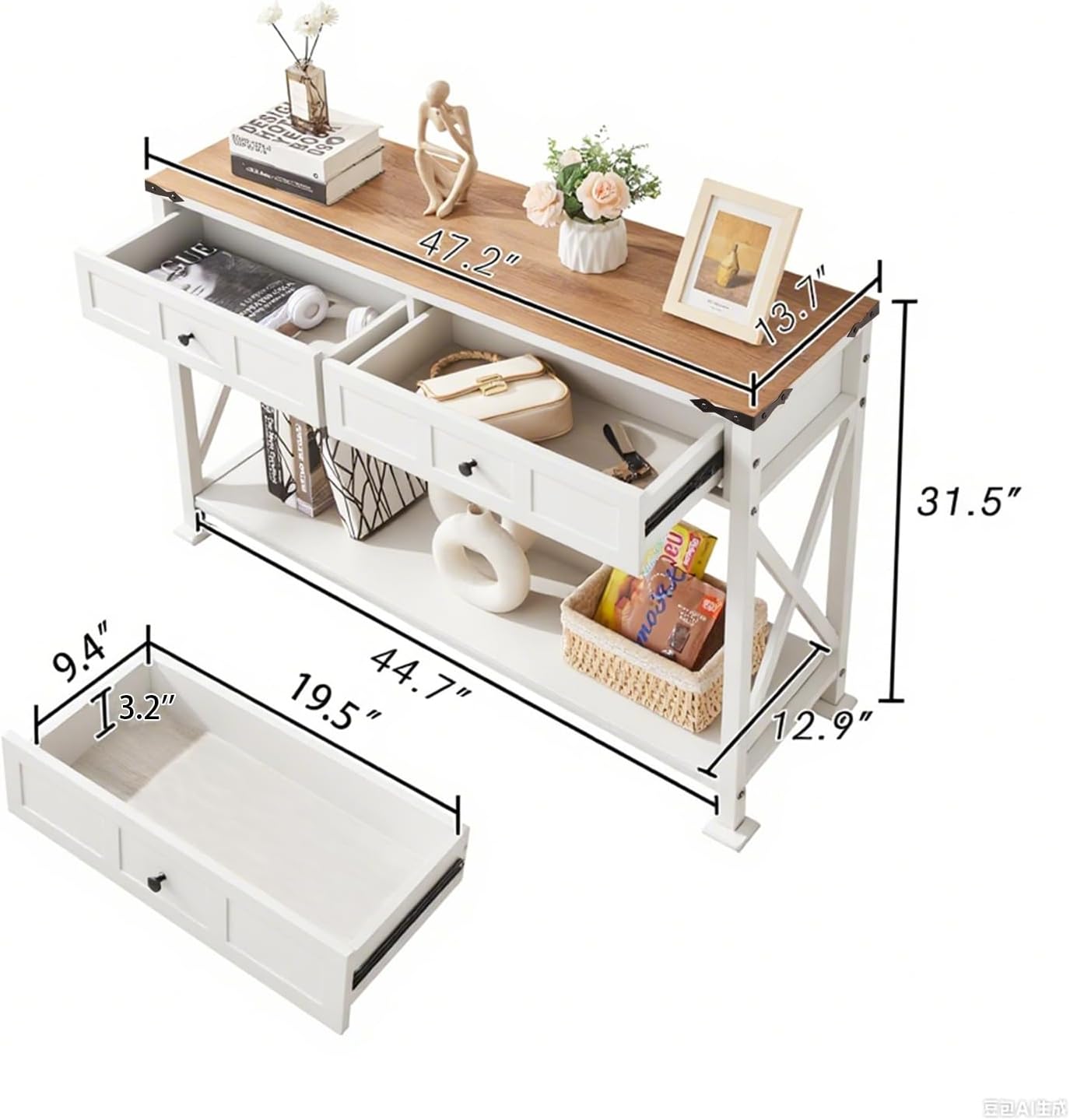 HOMBAZAAR Entryway Table,Rustic Console Table with 2 Drawers, Industrial Console Tables with Storage for Entryway, Hallway, Living Room,White,47 Inch