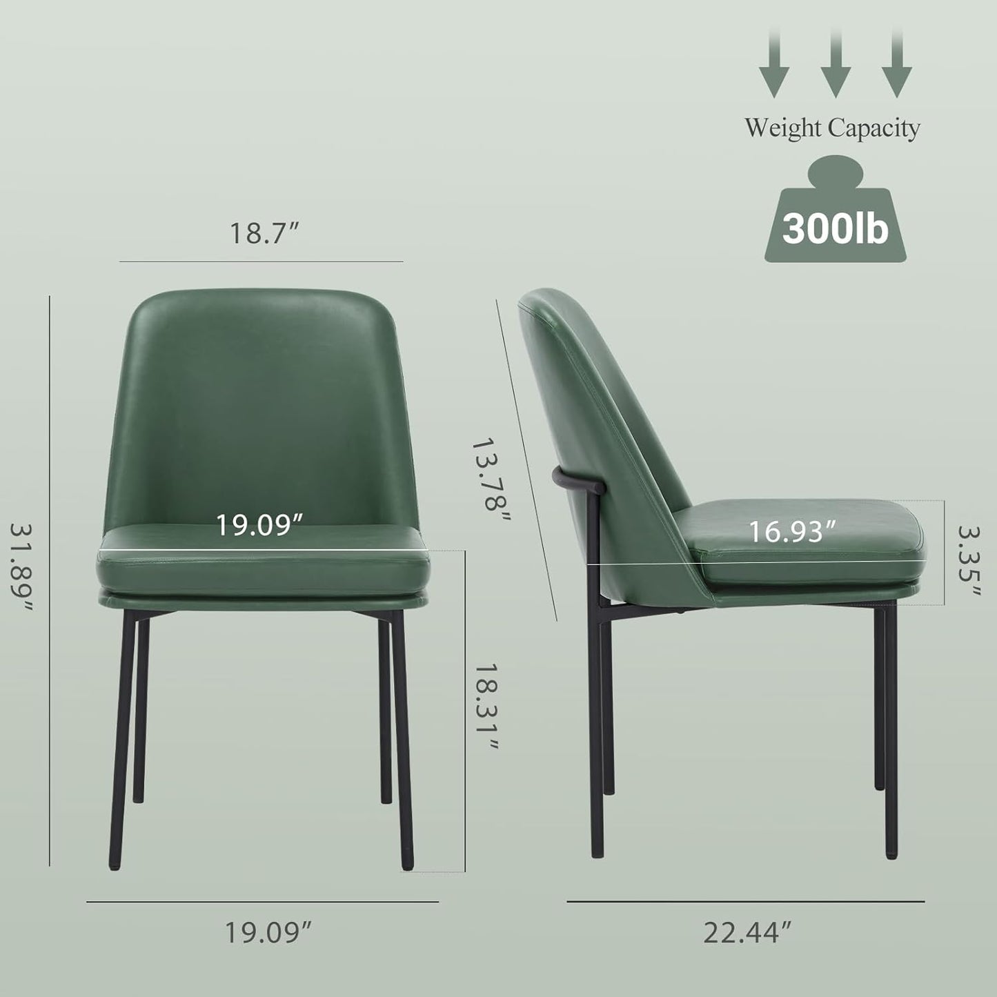 COLAMY Modern Dining Chairs Set of 2, Faux Leather Upholstered Dining Room Chairs Kitchen Chairs Dinner Chair with Curved Back and Metal Legs, Green