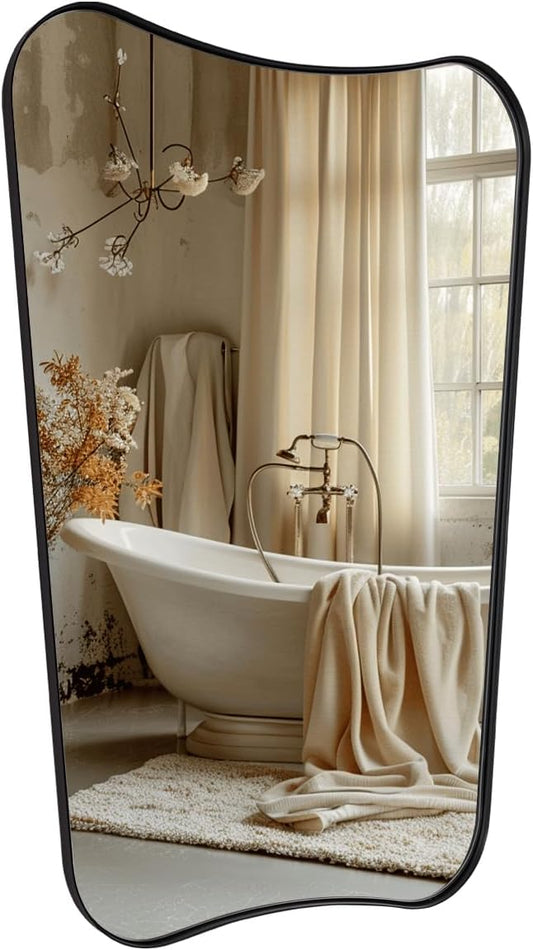 24x40 Black Mirror, Irregular Shaped Mirror with Curved Edge Design, Asymmetrical Bathroom Mirror, Wall Mounted Decorative Mirror for Powder Room, Foyer, Master Room, Hangs Vertical Only