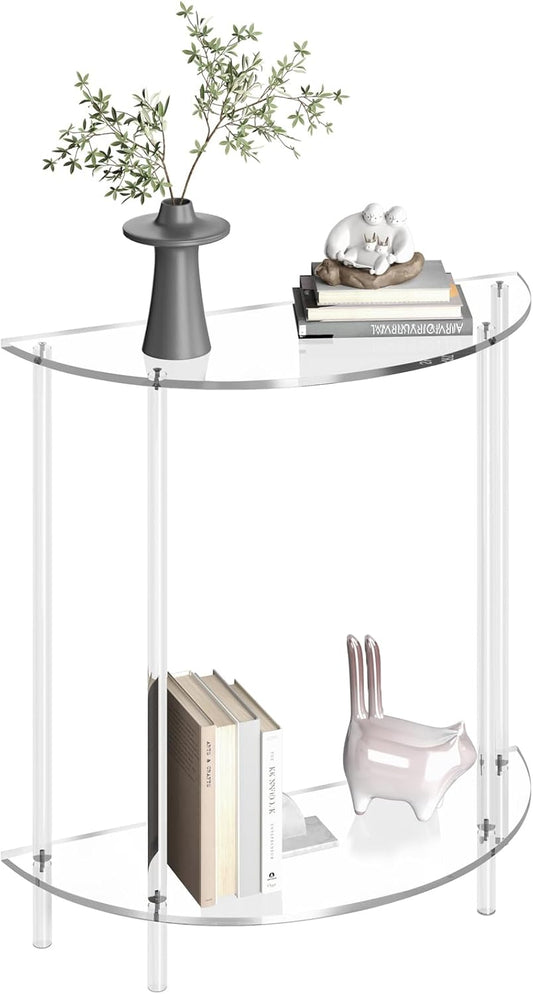 Acrylic Console Table, 2-Tier Half Moon Sofa Couch Table with Storage Shelf, 29.53" Narrow Entryway Table for Bedroom, Living Room, Foyer, Hallway (Clear)