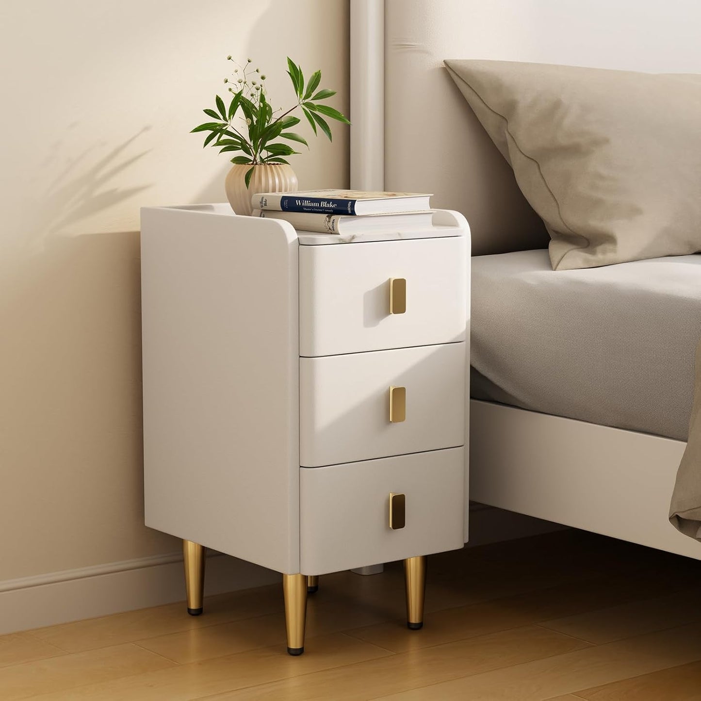 Narrow Nightstand with Drawers, Narrow Side Table Leather, Small Bedside Tables for Bedroom. (White)