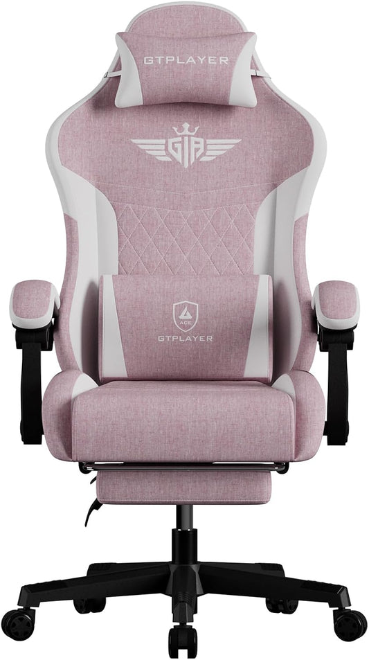 GTPLAYER Gaming Chair, Video Game Chairs with Footrest and Lumbar Support, Computer Chair for Adults with Extended Backrest, Ergonomic Reclining Silla Gamer, Linen Fabric, Pink