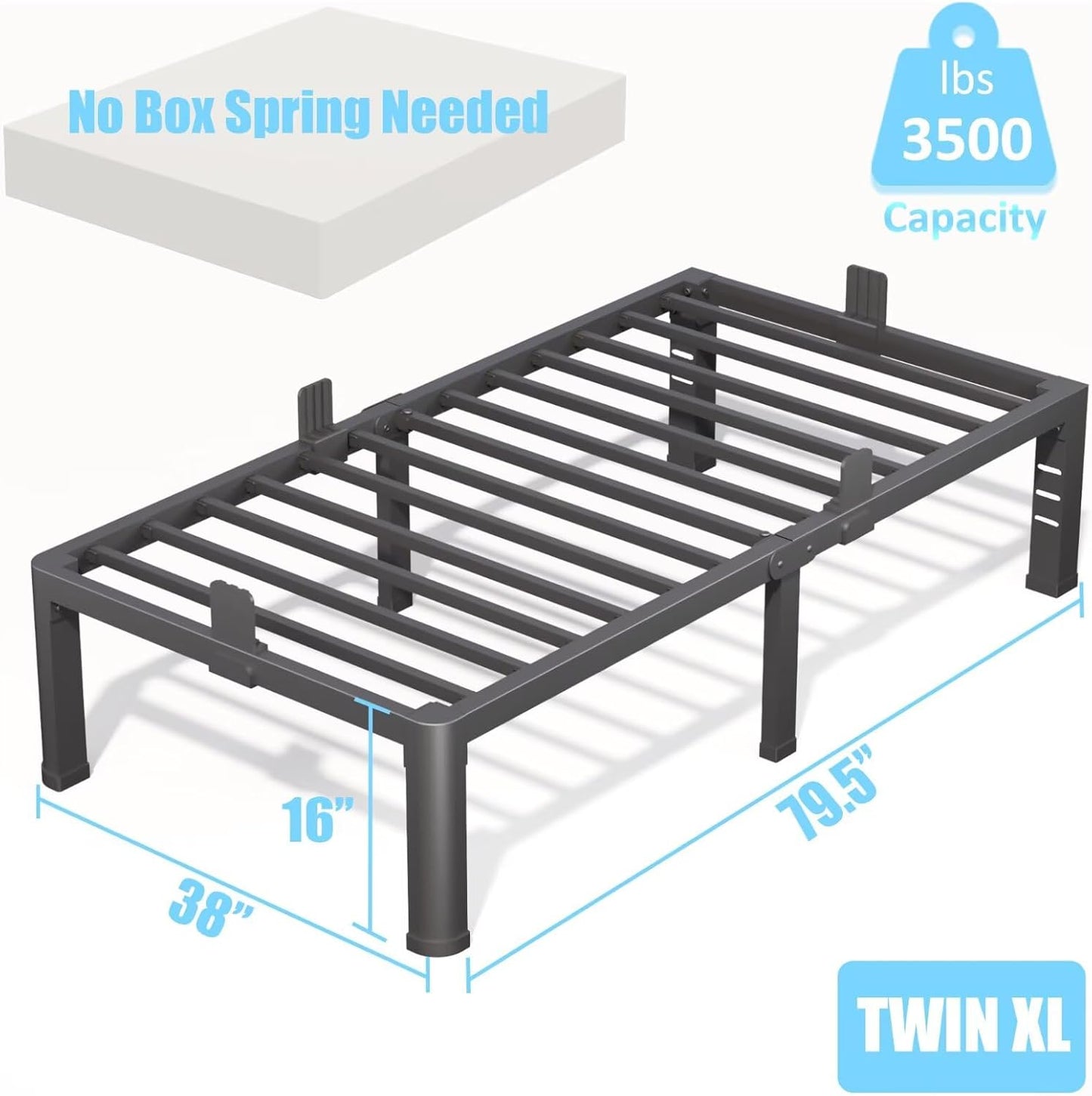FUIOBYVV 16 Inch Twin XL Bed Frame with Rounded Corner and Headboard Hole Mattress Retainers 3500 LBS Metal Heavy Duty Steel Slats Support No Box Spring Needed Platform Noise Free Easy Assembly