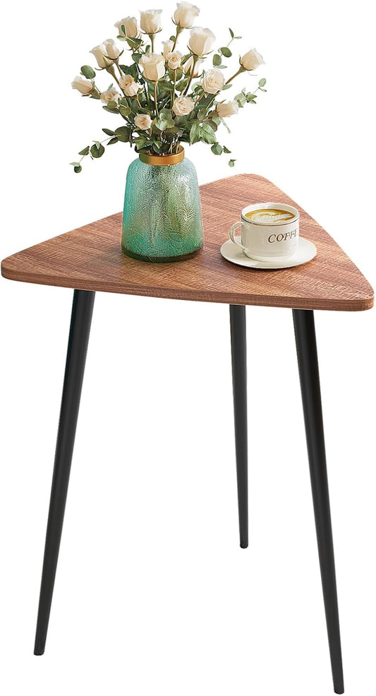SAYGOER Small Triangle Side Table, Mid Century Modern Walnut End Table, Unique Night Stand Bedside Table Retro Accent Sofa Table for Living Room Bedroom,Medal Black Frame 13.5" W x 12.3" D x 17.7" H