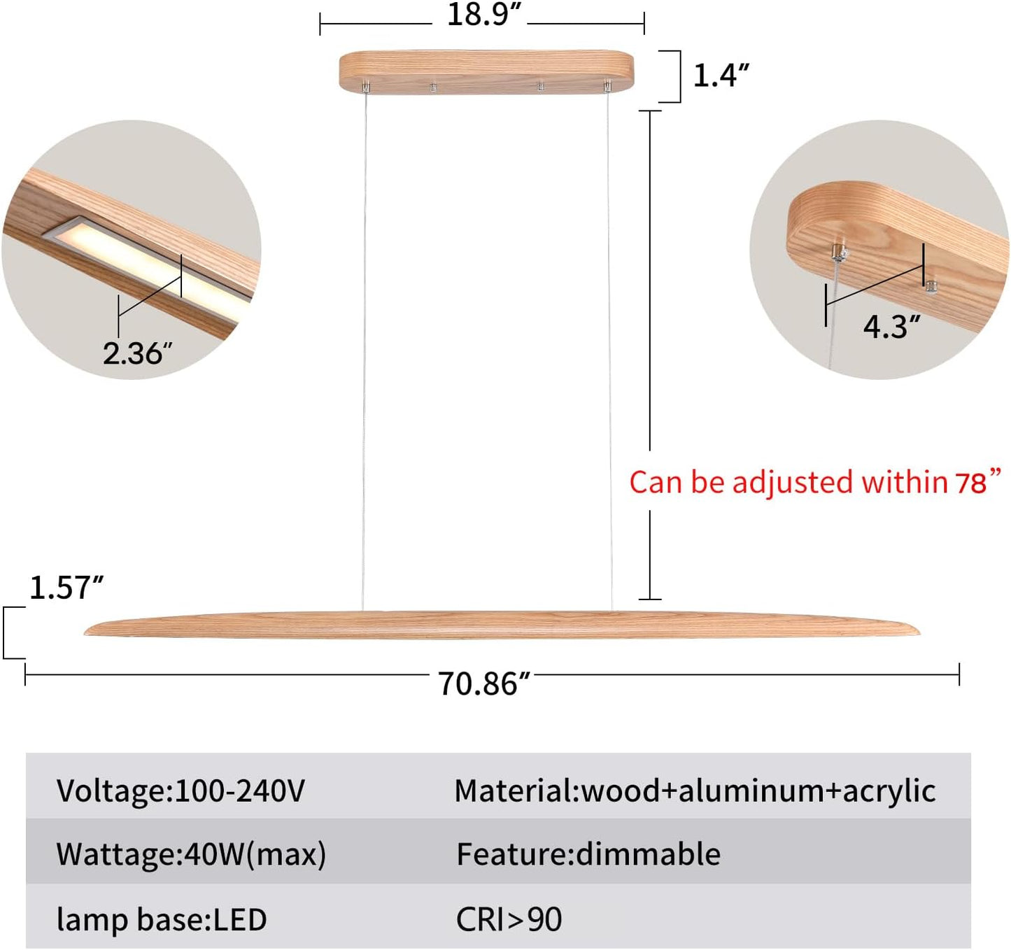 71" 40W Wood LED Linear Pendant Light Fixture Led Dining Room Light Dimmable Hanging Light Fixture for Dining Room Kitchen Island Pool Table Lights Natural Ash