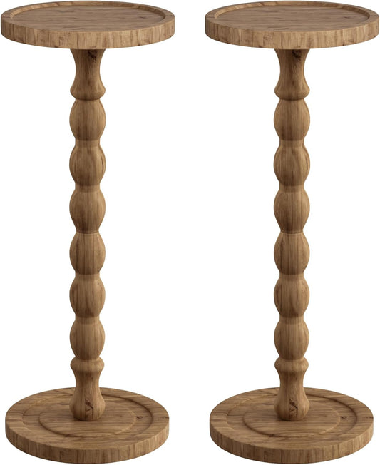2 Pack Solid Wood Drink Table, Rubber Wood‌ Small Round Side Table for Small Spaces, Martini Tables, Pedestal End Tables for Living Room, Bedroom, Corners, and Office (Brown, 9.4 inch)