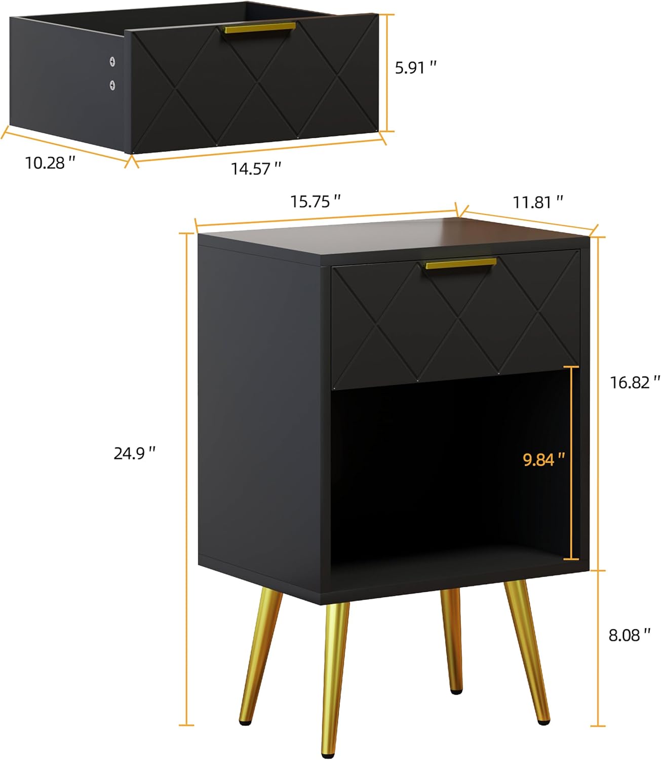 Black Nightstand, Bedside Table with Storage Drawer and Open Wood Shelf, Side Table with Gold Legs, Modern Style Night Stand End Table Drawer Dresser for Living Room Bedroom MLBZ19B
