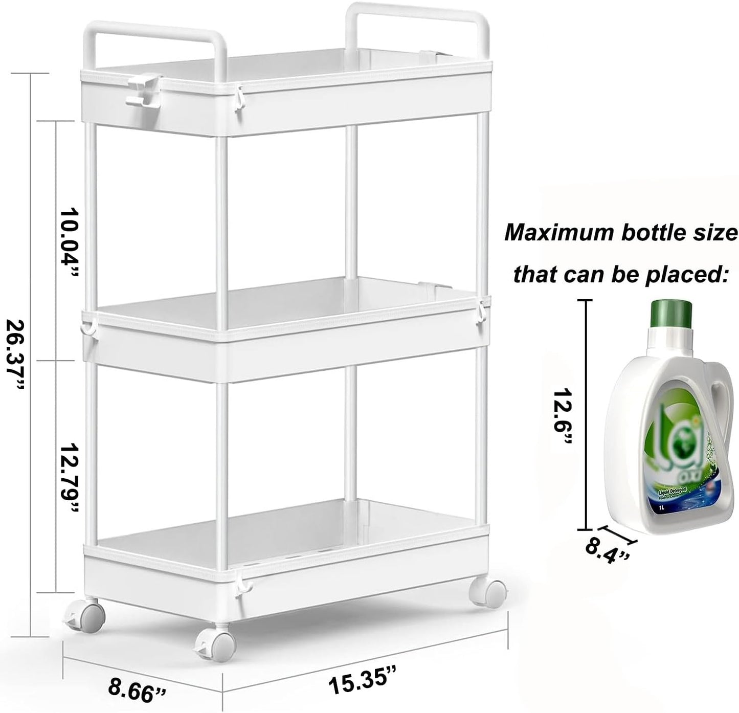 SOLEJAZZ 3 Tier Rolling Storage Cart with Wheels Slim Craft Nail Makeup Snack Art Baby Utility Cart Organizer on 2 Lockable Wheels for Bathroom Laundry Room Kitchen Bedside Narrow Spaces, White