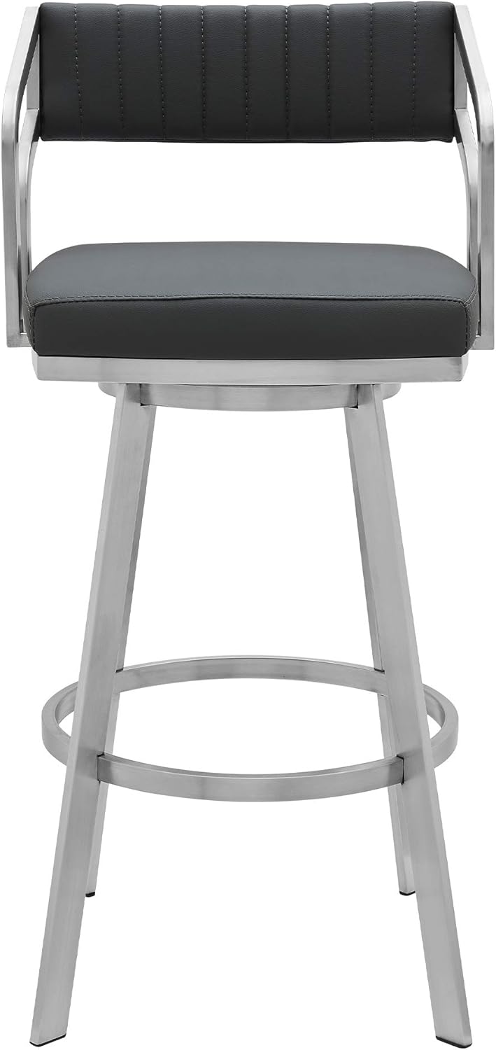 Armen Living Capri Modern 30" Seat Height Gray Faux Leather and Brushed Stainless Steel Metal Swivel Bar Stool for Kitchen Island Counter