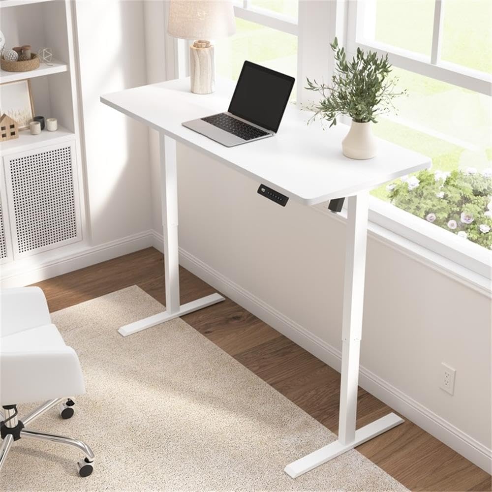 Bush Furniture Energize 55W x 24D Electric Height Adjustable Standing Desk in Basic White, Ergonomic Sit-Stand Computer Table for Home Office