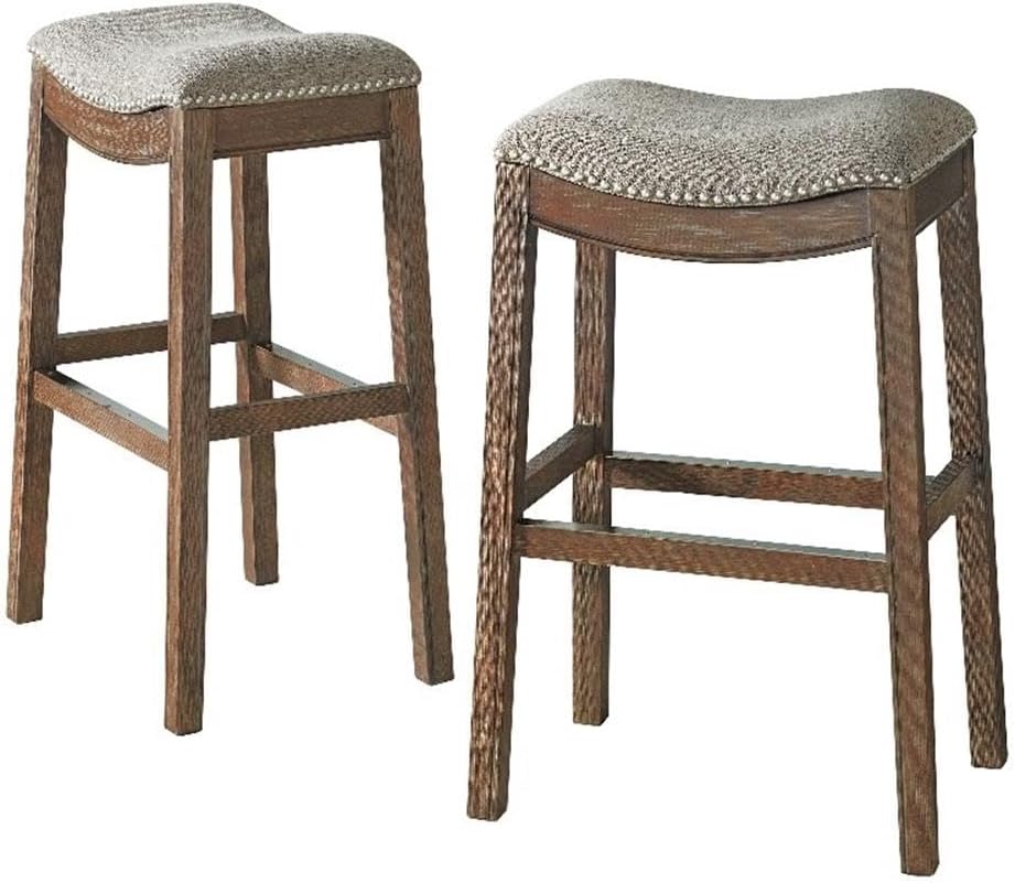 Alaterre Furniture Williston Bar Height Stool, Set of 2, Dark Brown, Solid Rubberwood Frame, Wire Brush Finish, Gray Accents, Linen-Like Fabric Upholstery, Dimensions 21 in. W x 14 in. D x 31 in. H