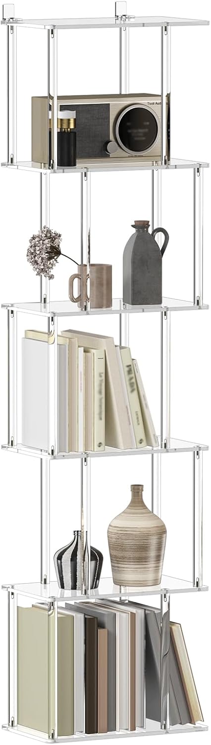 Acrylic Geometric Bookshelf for Small Spaces, 6-Tier Tall Clear S Shaped Bookcase, Modern Open Book Shelf for Living Room, Bedroom, Office, 9.3" D x 15.6" W x 61" H, Easy Assembly