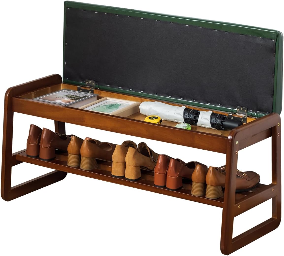 Shoe Rack Bench, Solid Wood Entryway Bench with Flip-Open Storage Box for Entry, Hallway (Green-39.4")