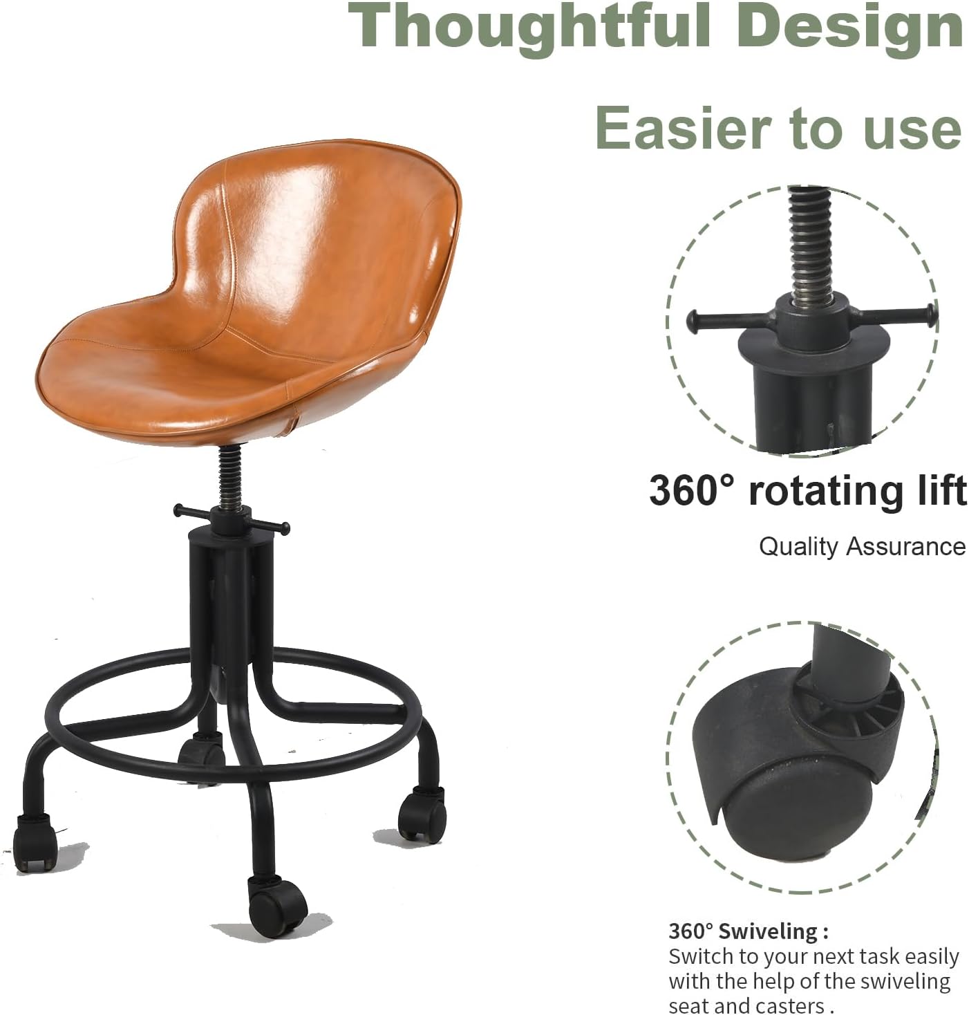 Topower Antique Industrial Design Metal Adjustable Height Kitchen Dining Breakfast Chair Industrial Style Bar Stool with Wheels, Fully Welded, Cinnamon PU Leather Seat