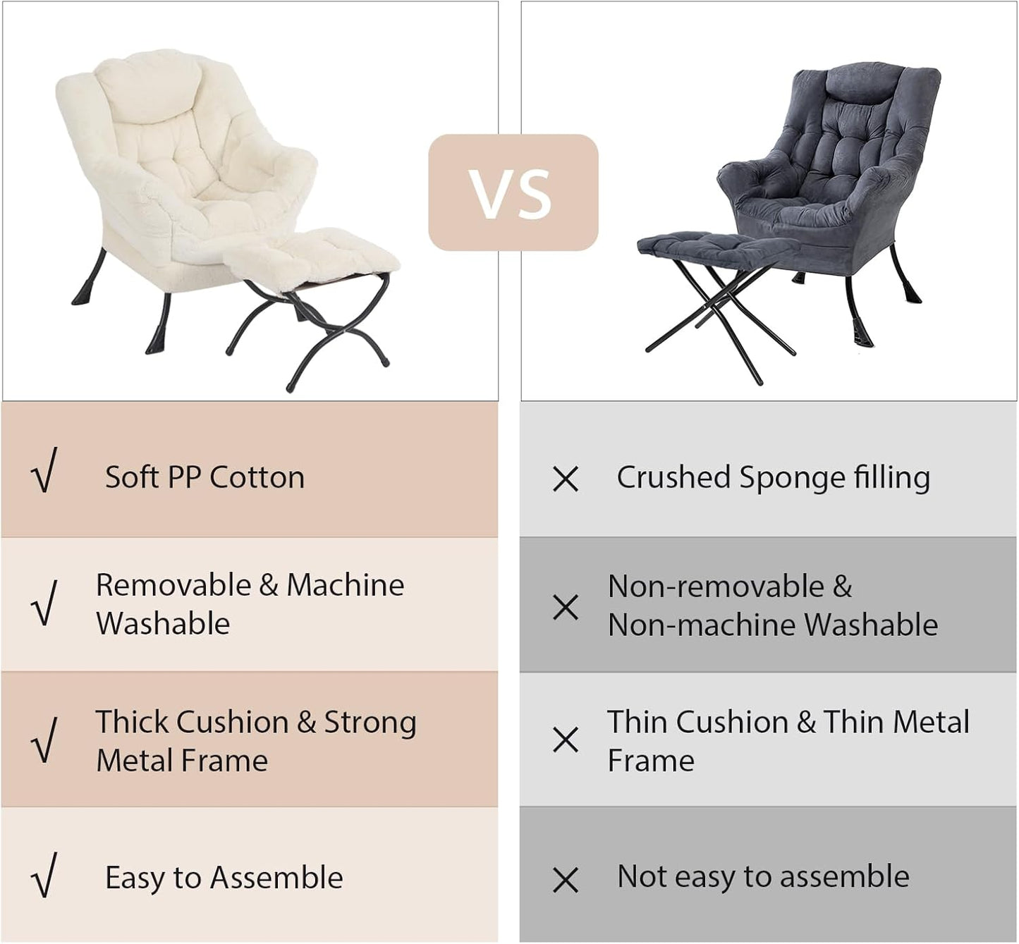 Lazy Chair with Ottoman, Modern Chair with Folding Footrest, Lounge Accent Chair, Comfortable Reading Chair for Bedroom, Study, Living Room, Courtyard (Plush Beige)