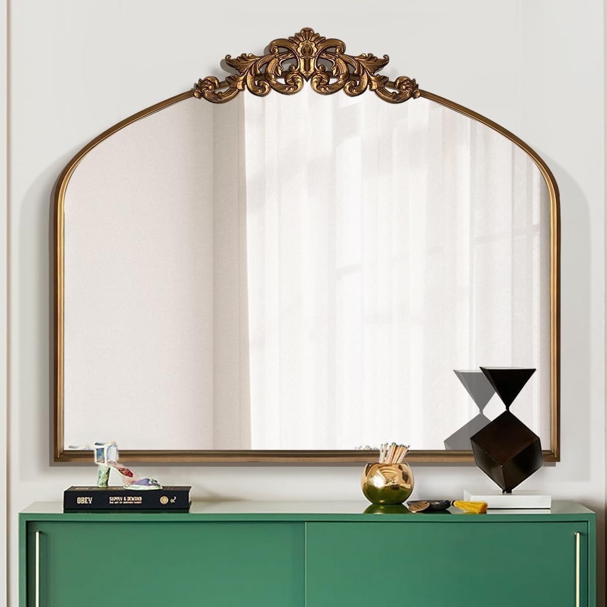 WAMIRRO Ornate Gold Mirror,Vintage Arched Baroque Antique Mirorrs for Living RoomHallwayFireplaceBathroomEntryway 36"X30"