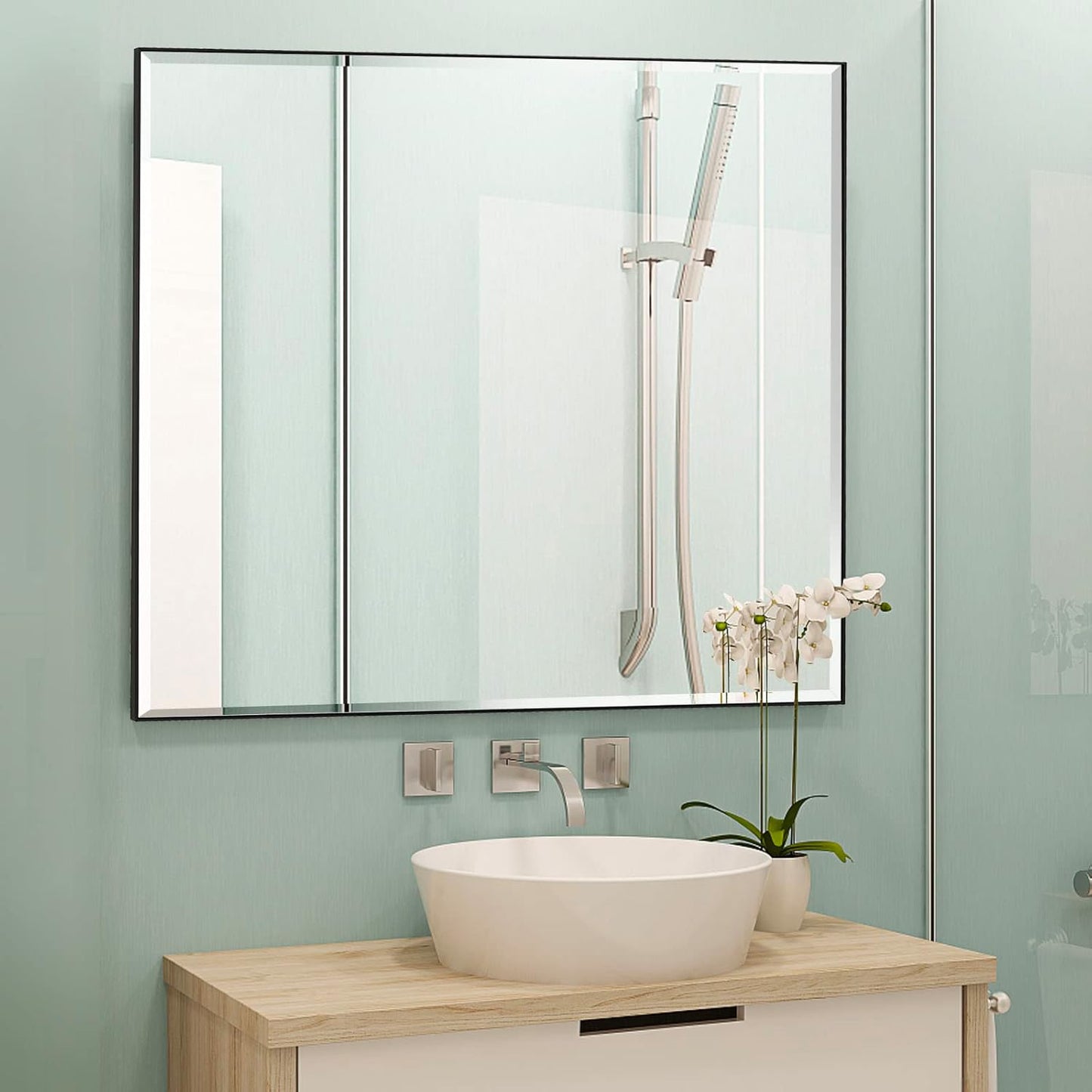 30x30 Inch Black Mirror with Beveled Trim, Aluminum Frame Bathroom Vanity Mirror, Copper-Free Mirror, Rectangle Wall Mounted Mirror, Modern Rectangular Mirror Horizontal or Vertical