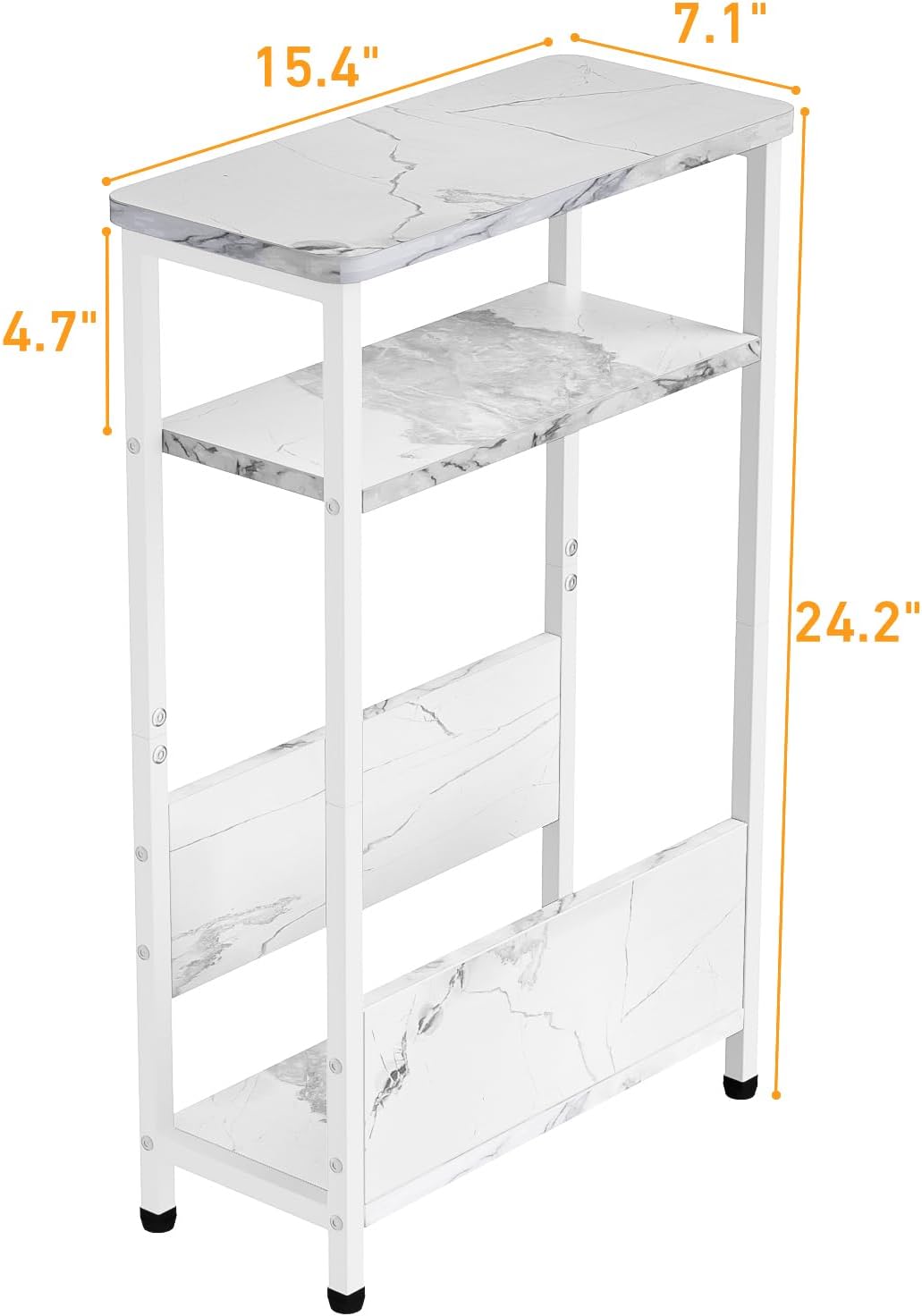 7.1" Narrow Side Table for Small Spaces, 3 Tier Small End Table with Magazine Holder, Slim/Skinny Nightstand/Bedside Table, 15.4" L x 24.2" H, Faux White Marble with White Legs