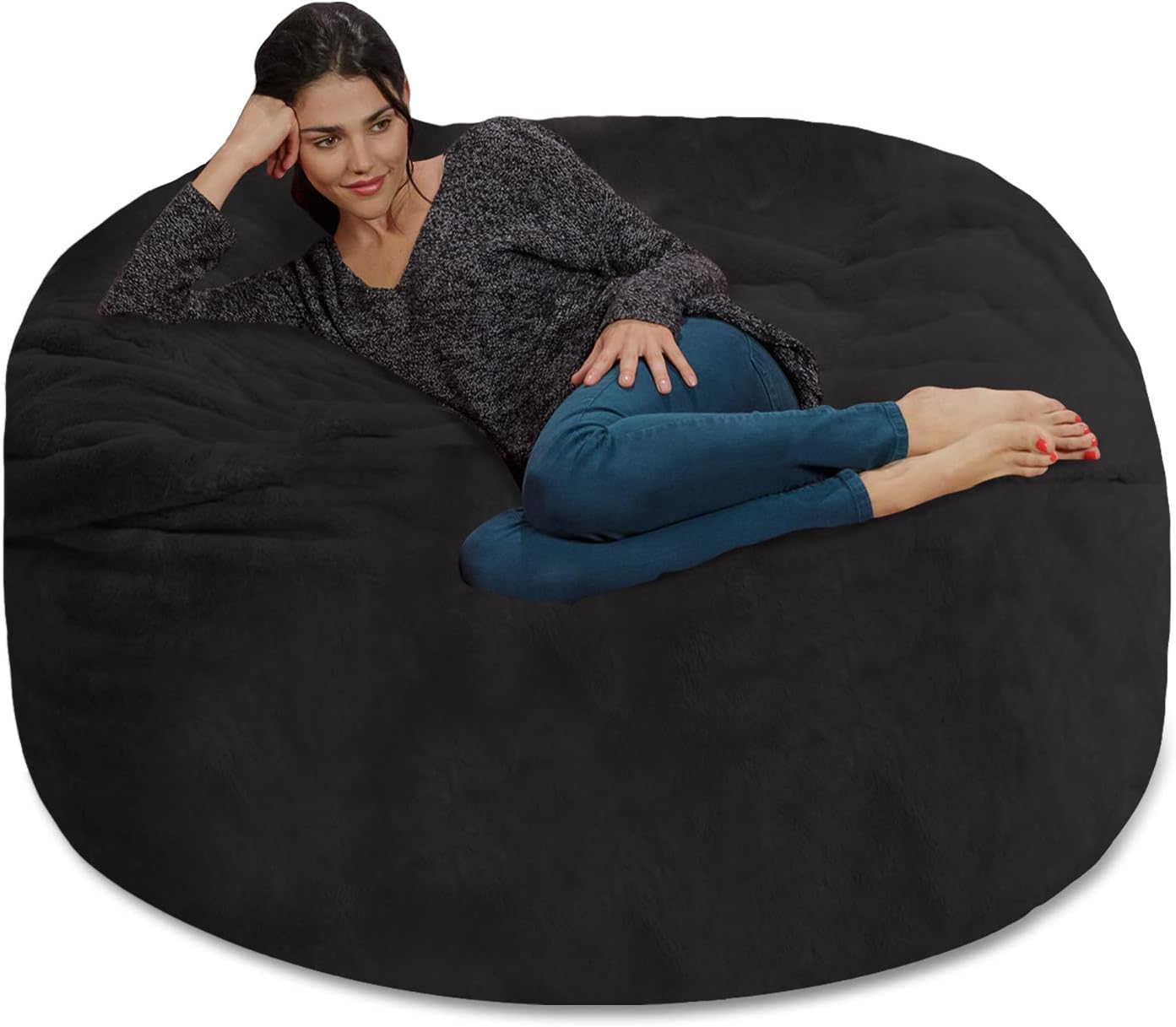 Chill Sack Bean Bag Chair - 5' Giant Memory Foam Lounge Chair with Soft Microfiber Cover – Cozy Furniture for Living Room, Dorm, & Kids' Rooms – Comfortable 5 Ft, Faux Rabbit Fur Lounge Sofa, Black