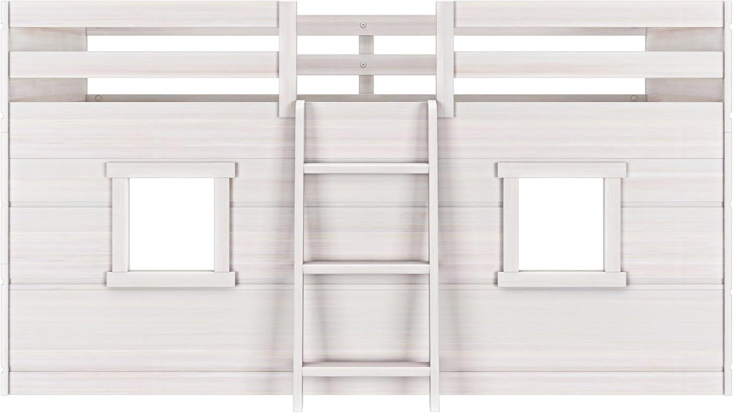 Max & Lily Modern Farmhouse Twin Low Loft Bed with Two Windows - Solid Wood, 15” Guardrails, 400-lb Capacity, Low-VOC Finish, White Wash