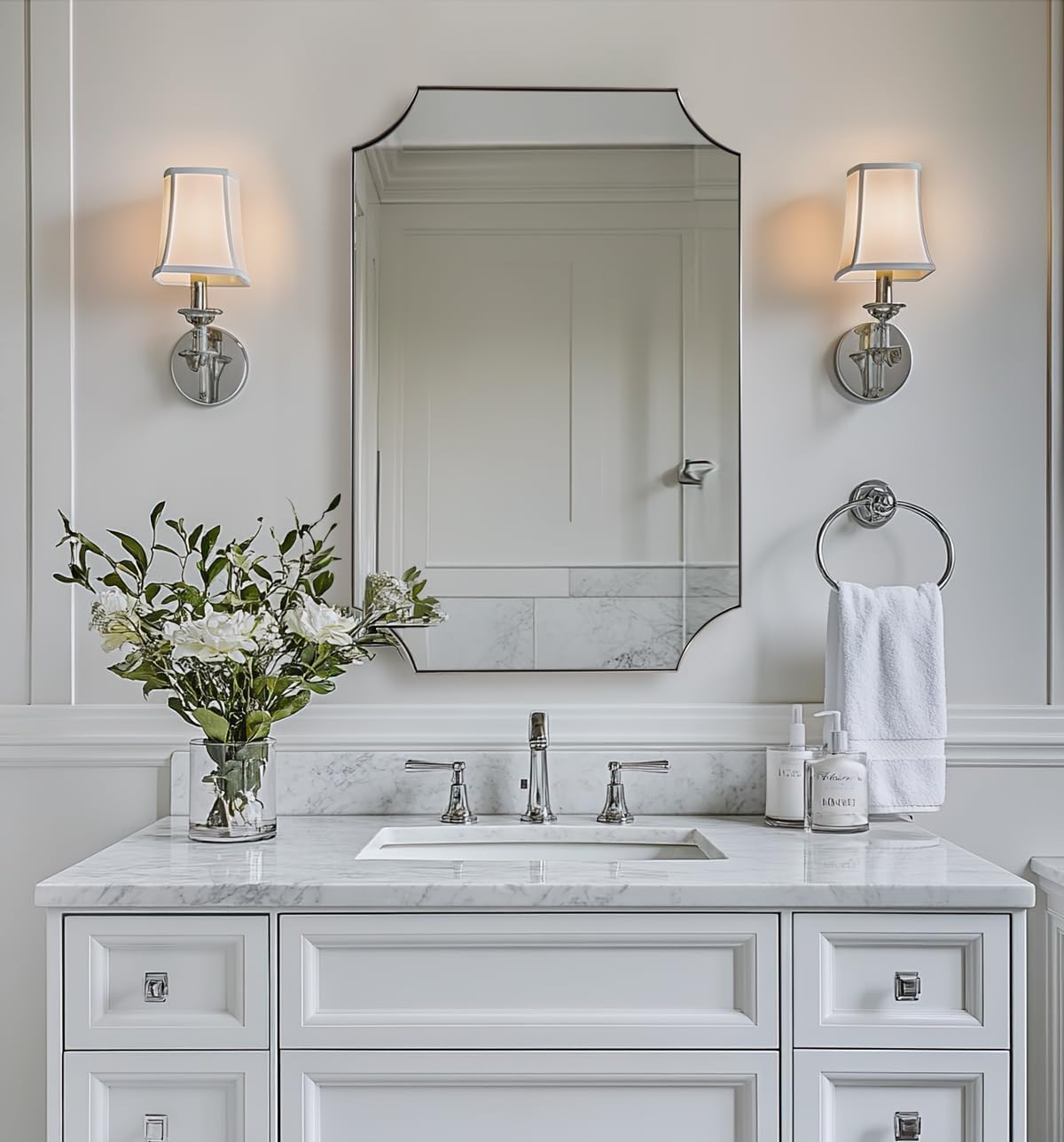 ANDY STAR Brushed Nickel Mirror 24x36 Inch, Scalloped Bathroom Mirror, Silver Vanity Mirror in Anti-Rust Stainless Steel Metal Thin Frame Deep 1’’, Wall-Mounted Mirror (Horizontal/Vertical)