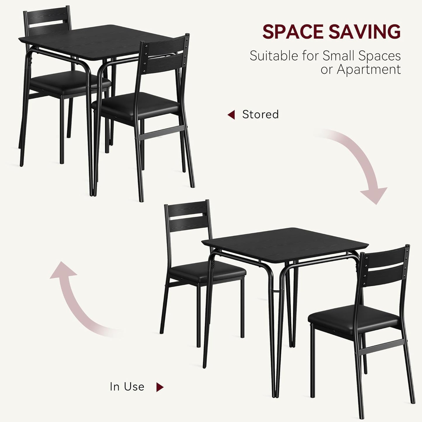 Dining Table Set for 2, Space-Saving Square 3-Piece Dinette with 2 Chairs, Modern Kitchen Furniture for Small Spaces & Apartments