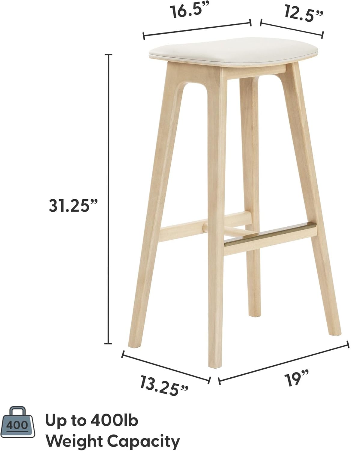 Plank+Beam Beryl Bar Height Stool - Mid-Century Modern Rubberwood Bar Stool with Faux Leather Seat, Metal Footrest, Easy Assembly, Blonde/Sesame