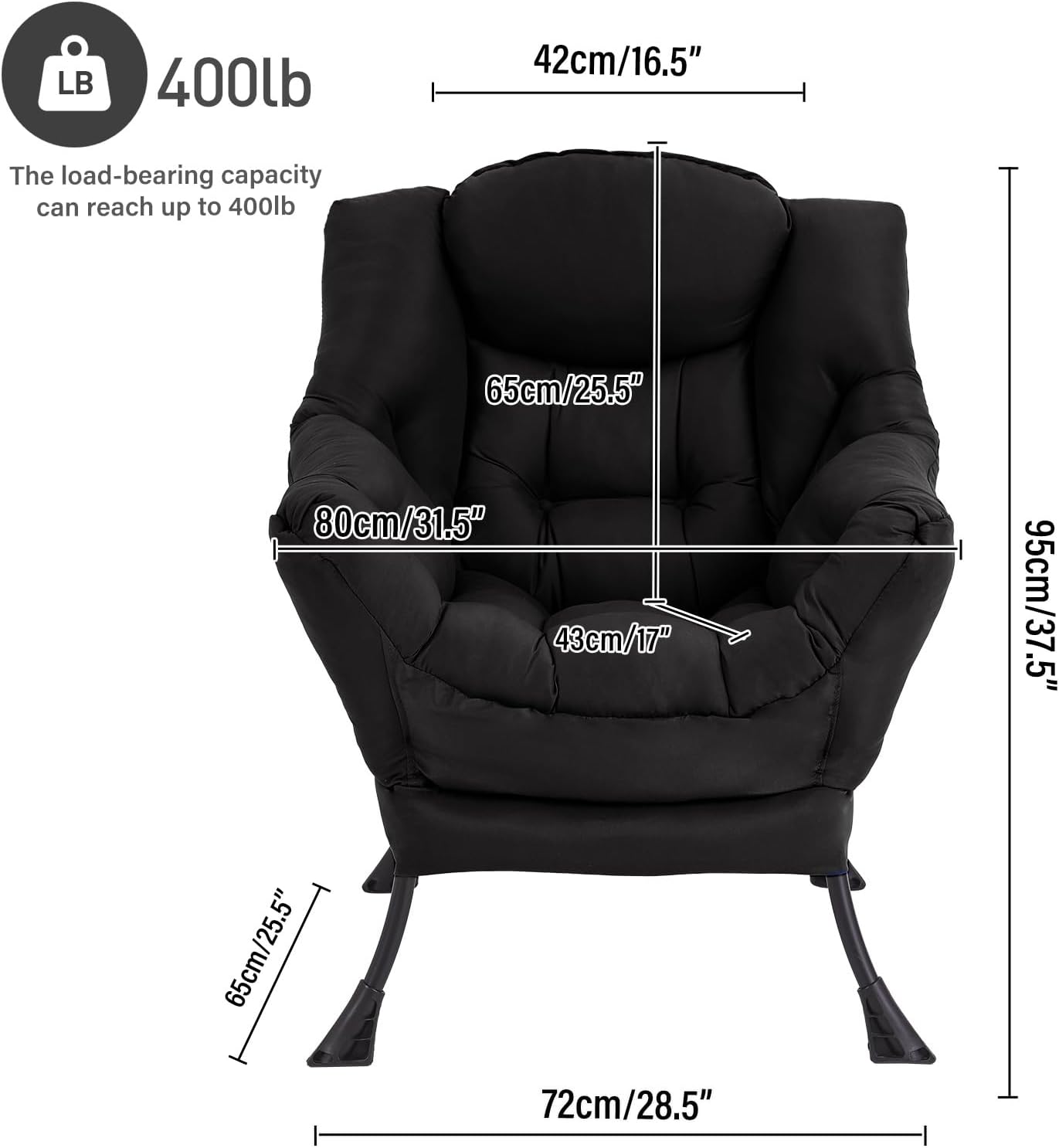 Lazy Chair, Reading Armchair, Large Modern Lounge Accent Chair, Leisure Sofa Chair for Living Room, Bedroom, Dorm Room (Black)