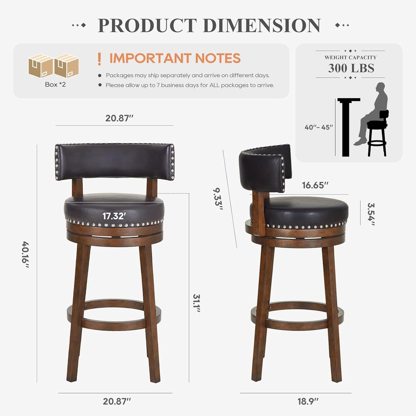 COLAMY Swivel Bar Stools Set of 2, 30 Inch Swivel Bar Height Bar Stools, Wood Swivel Barstools with Back, Modern Upholstered Wooden Barstools for Kitchen Island Dining Room Bar, Dark Brown