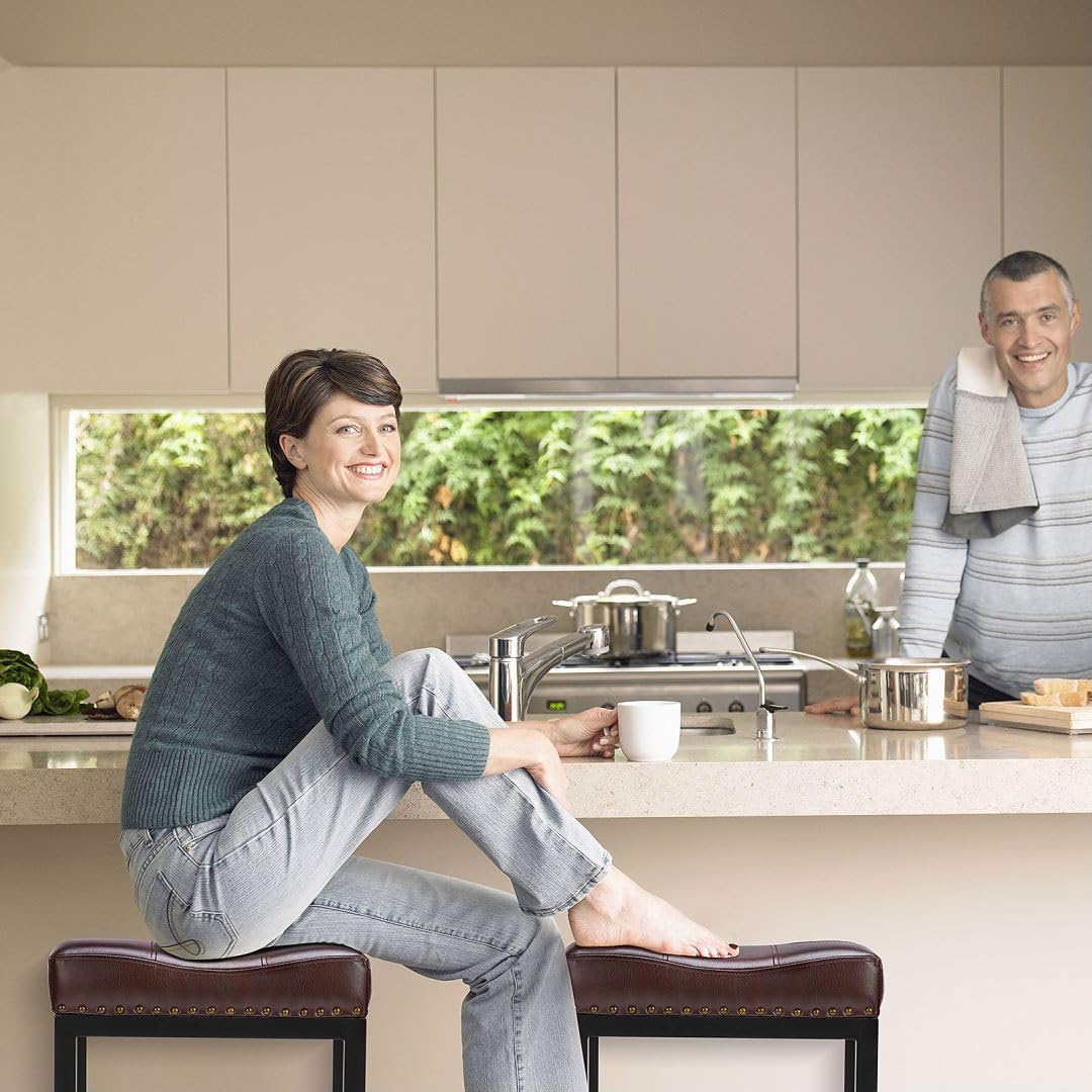 Counter Stools Set of 2 Upholstered Counter Height Bar Stools with Padded Seats and Metal Base, Leather Saddle Stool for Modern Kitchen Island, 22.4-Inch, Brown