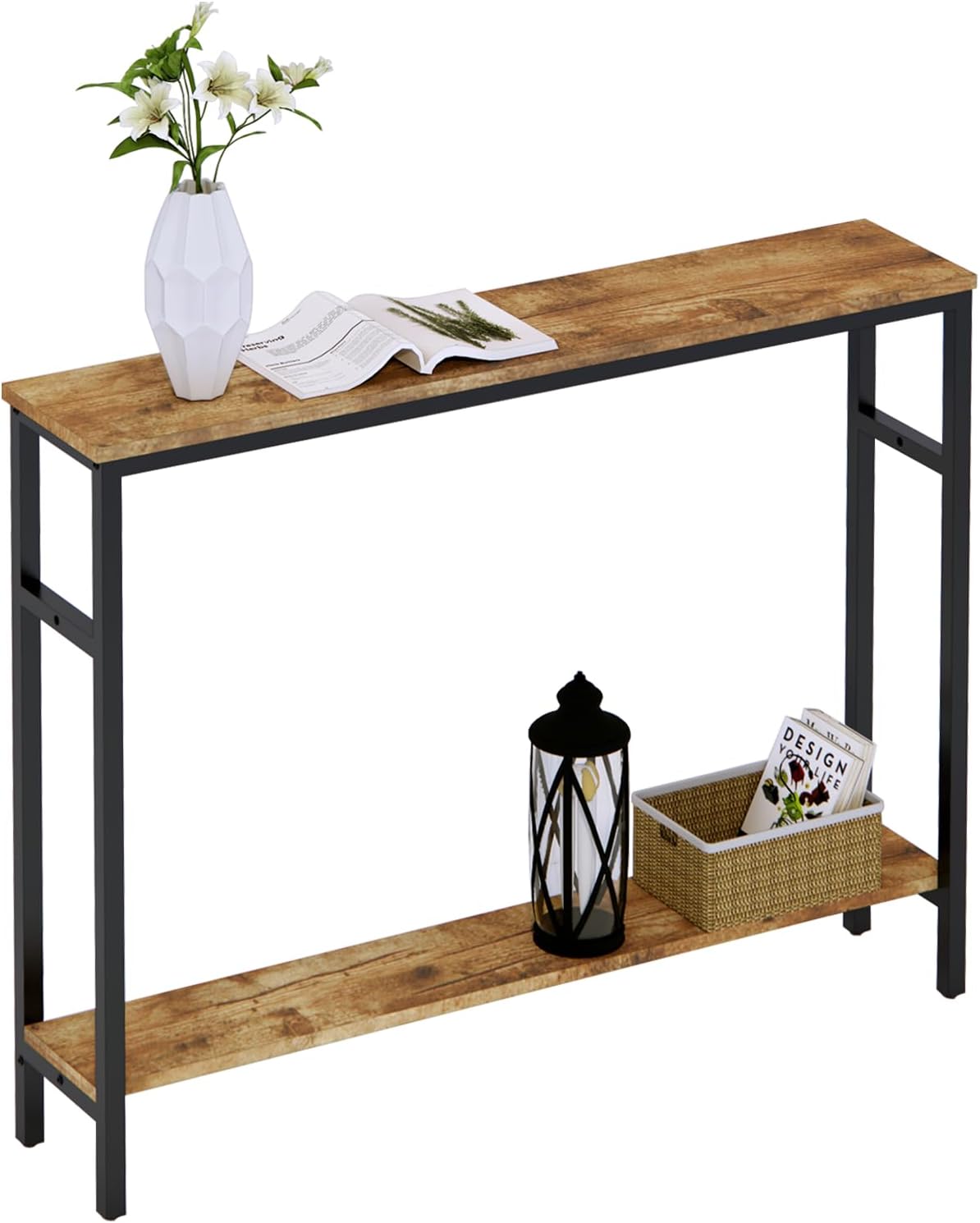 Narrow Console Table, 39.4” Sofa Table with Adjustable Shelf, 2-Tier Long Skinny Table for Hallway, Entryway, Living Room, Foyer, Rustic Brown