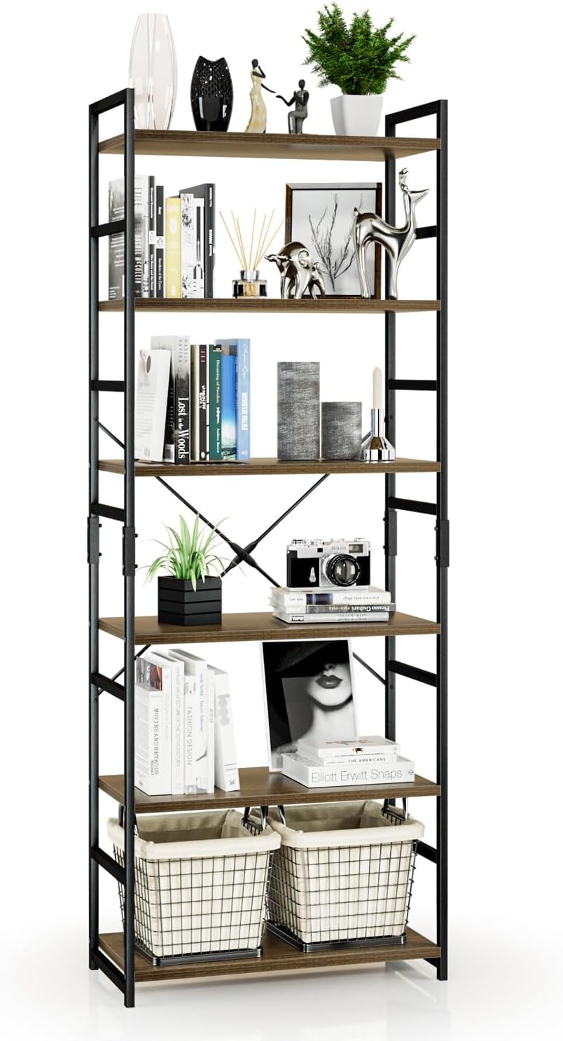 NUMENN 6 Tier Bookshelf, Tall Bookcase Shelf Storage Organizer, Modern Book Shelf for Bedroom, Living Room and Home Office, Dark Walnut