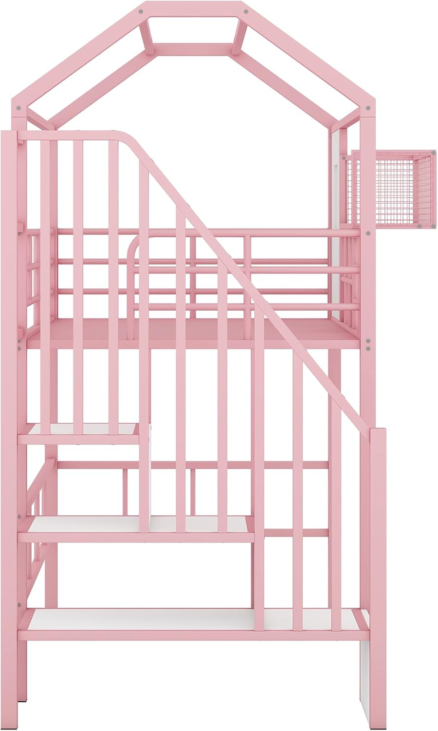 Twin Size Metal Loft Bed with roof Design and a Storage Box,House Shaped Stairway Metal Bedframe w/Guardrail & Roof Design, for Kids Boys Girls Bedroom, Pink