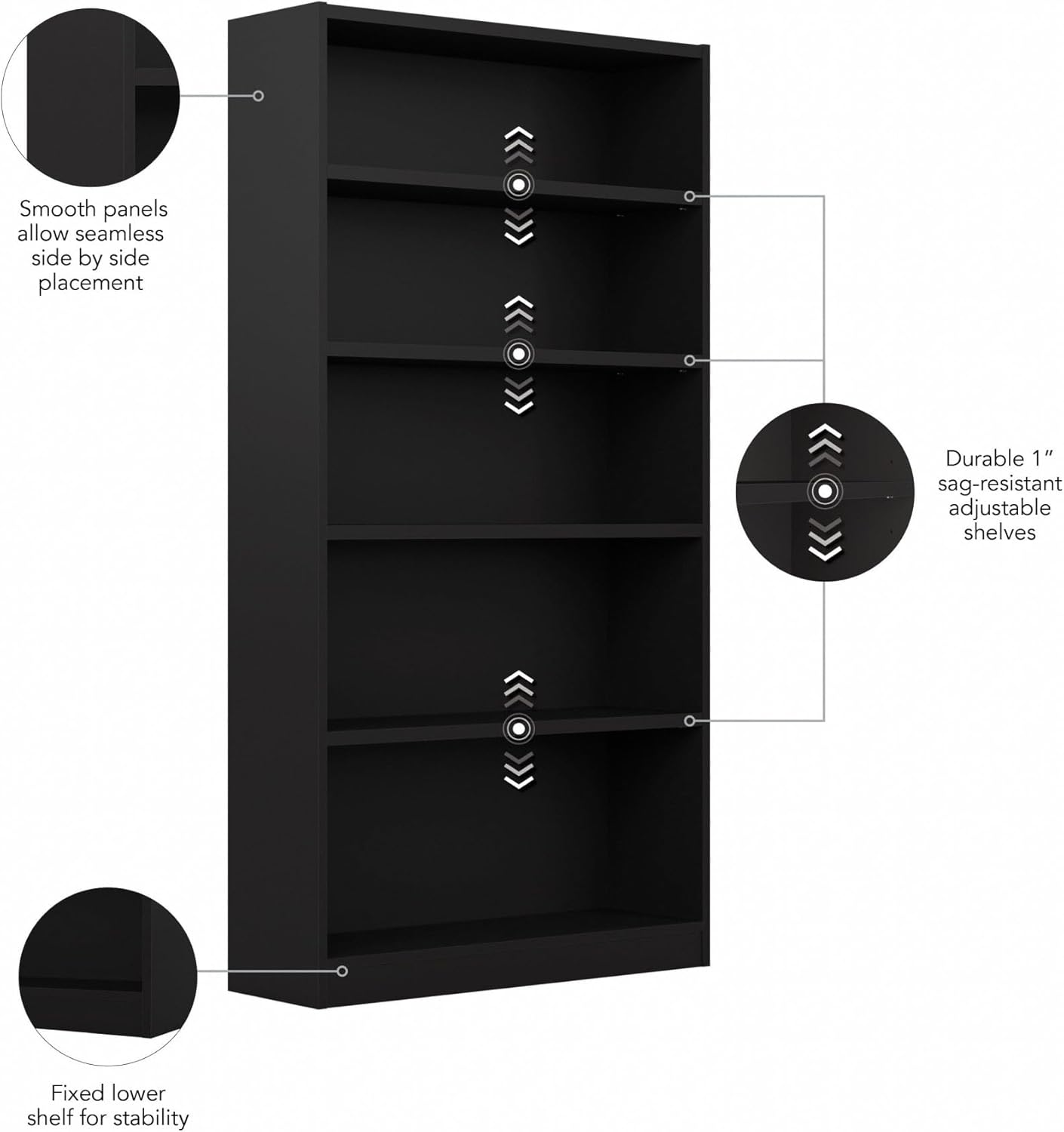 Bush Furniture Universal Tall 5 Shelf Bookcase in Black, Vertical Storage and Display Bookshelf for Home Office or Living Room Organization