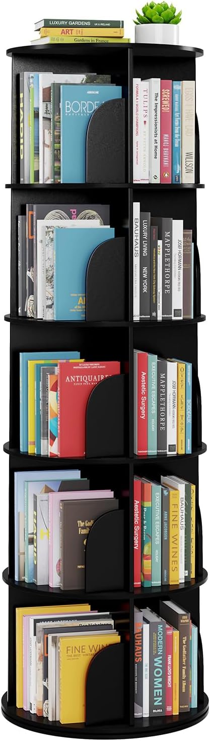 SpaceAid 5 Tier Rotating Bookshelf Tower, Spinning Bookcase Lazy Susan, Revolving 360 Book Shelf Storage Round Carousel, Vertical Rotate Turning Spiral Corner Organizer, Black