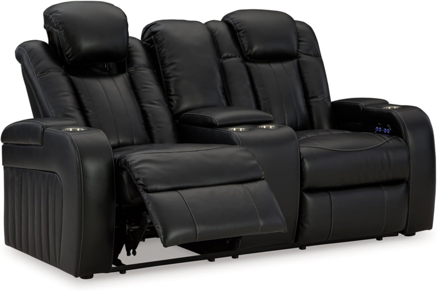 Signature Design by Ashley Caveman Den Modern Faux Leather Power Reclining Loveseat with Console, Adjustable Headrest and LED Lights, Black