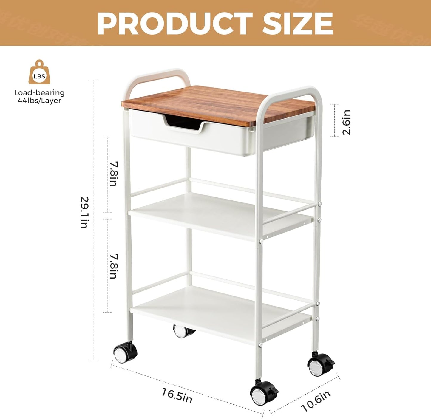 3 Tier Rolling Cart with Drawer, Metal Rolling Storage Cart with Table Top, Modern Utility Cart on Wheels Kitchen Cart Storage Organizer for Bathroom Office Living Room, White