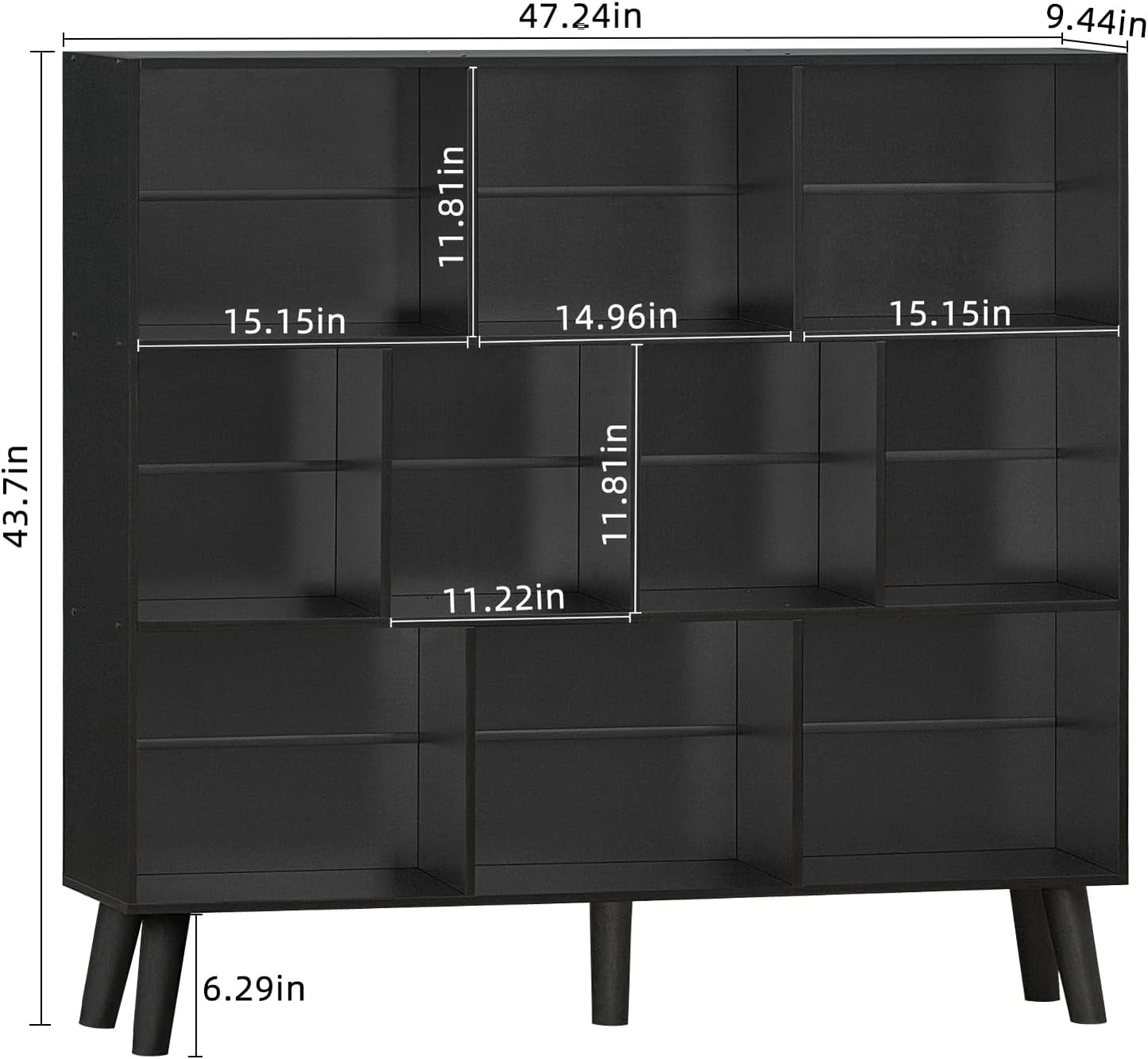YAHARBO 10 Cube Bookshelf,3 Tier Bookcase with Legs,Black Mid-Century Modern Bookshelves,Large Free Standing Open Storage Organizer Shelf,Tall Wooden Book Case Furniture for Bedroom,Living Room,Office