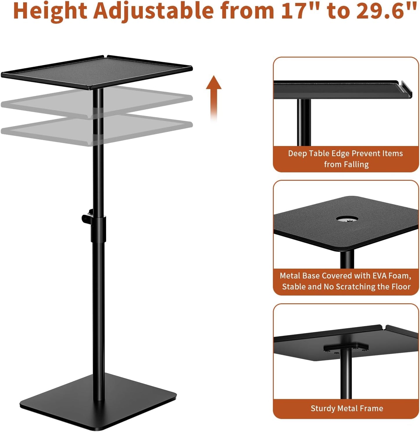RCHYFEED Metal End Table, Height Adjustable Side Tables Living Room, Small Side Table for Small Spaces with Matte Black Tray, Square Drink Coffee Tables Sofa Table for Bedroom, Sofa Tray Table Indoor