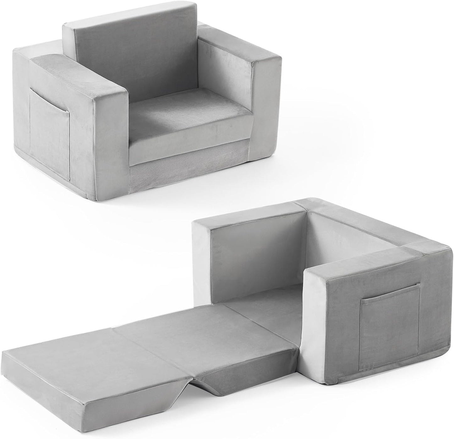 Kids Couch, 2-in-1 Toddler Chair Comfy 1-3 Years Old, Convertible Kids Chair, Toddler Couch That Fold Out, Kid Lounge Chairs for Boys and Girls, Soft Coral Fleece, Grey