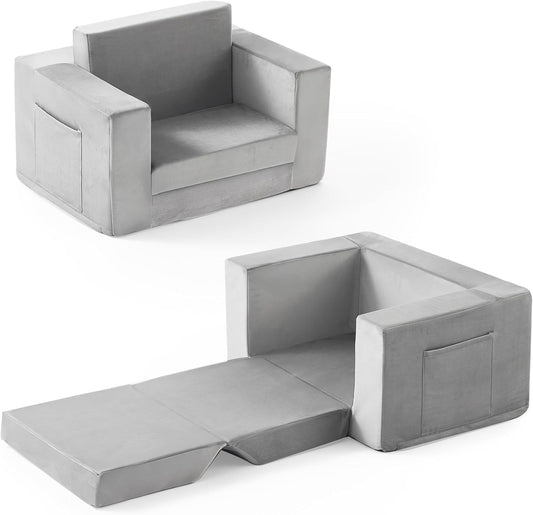 Kids Couch, 2-in-1 Toddler Chair Comfy 1-3 Years Old, Convertible Kids Chair, Toddler Couch That Fold Out, Kid Lounge Chairs for Boys and Girls, Soft Coral Fleece, Grey