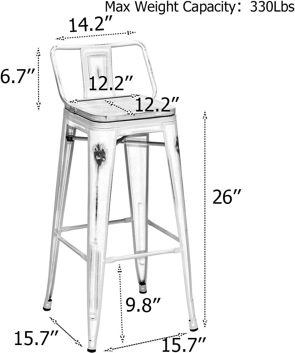 26 Inch Swivel Bar Stools Set of 4 with Backs Counter Height Industrial Metal Barstools Island Bar Chairs for Home Kitchen Dining Room (Swivel 26 inch, Distressed White Wooden)