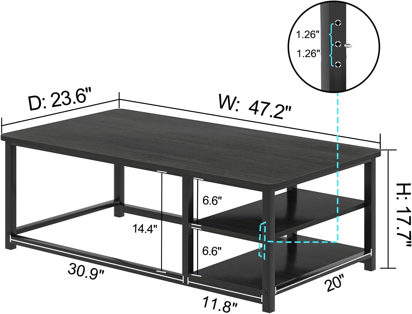 EXCEFUR Black Coffee Table, Rustic Wood Living Room Table with Storage Shelf, Modern Rectangle Center Table, 47 Inch
