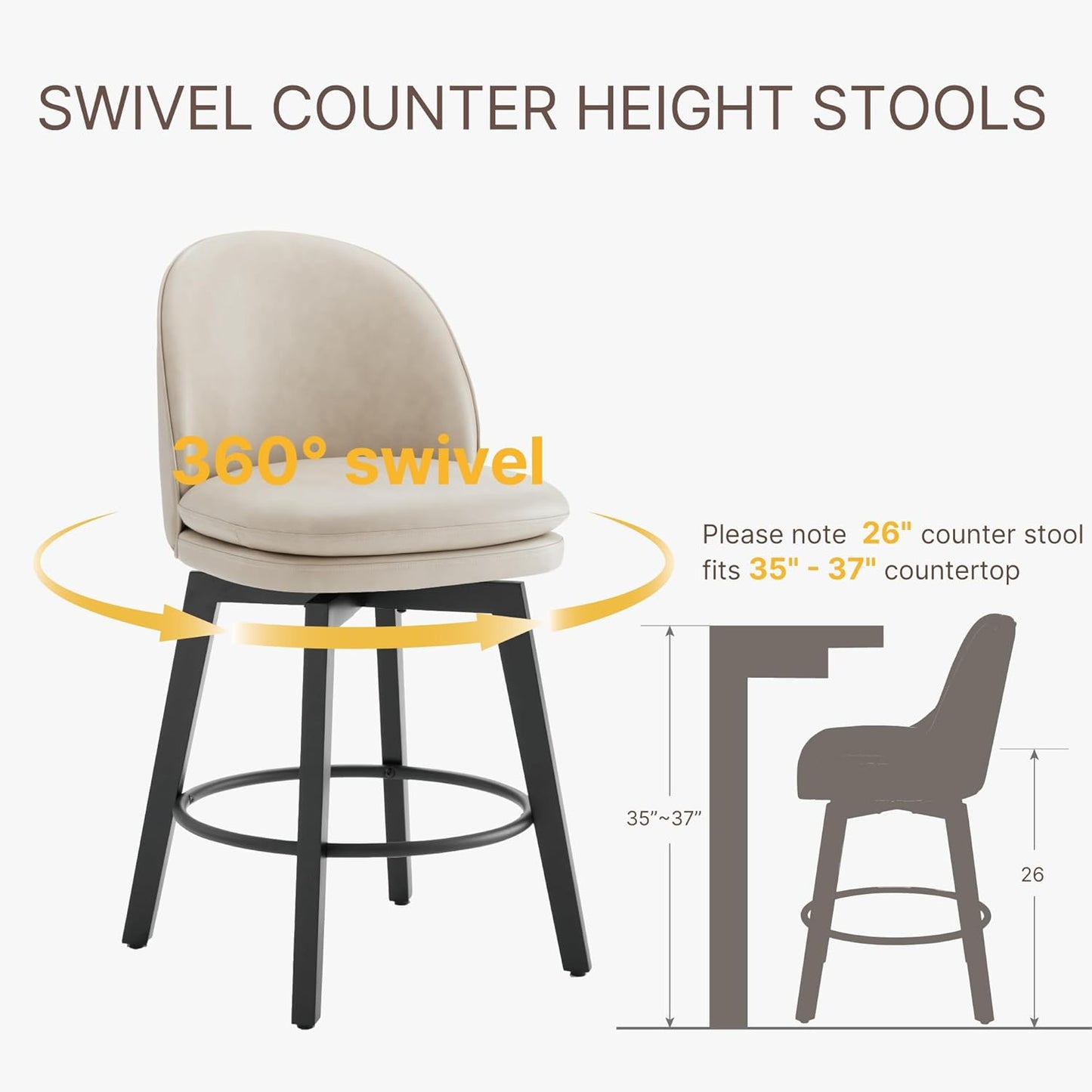 Counter Height Barstools 26 inch Upholstered Swivel Bar Stools with Back and Wood Legs for Kitchen Island,Set of 3,Beige PU Leather-Armless