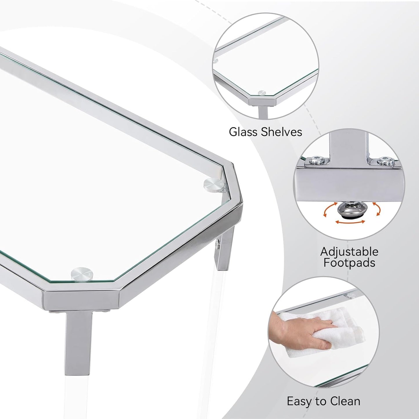 Glass Coffee Table, Clear Coffee Table with 2 Tiers, Acrylic Leg, Chrome Frame, Rectangular Center Table for Living Room (AST2017)