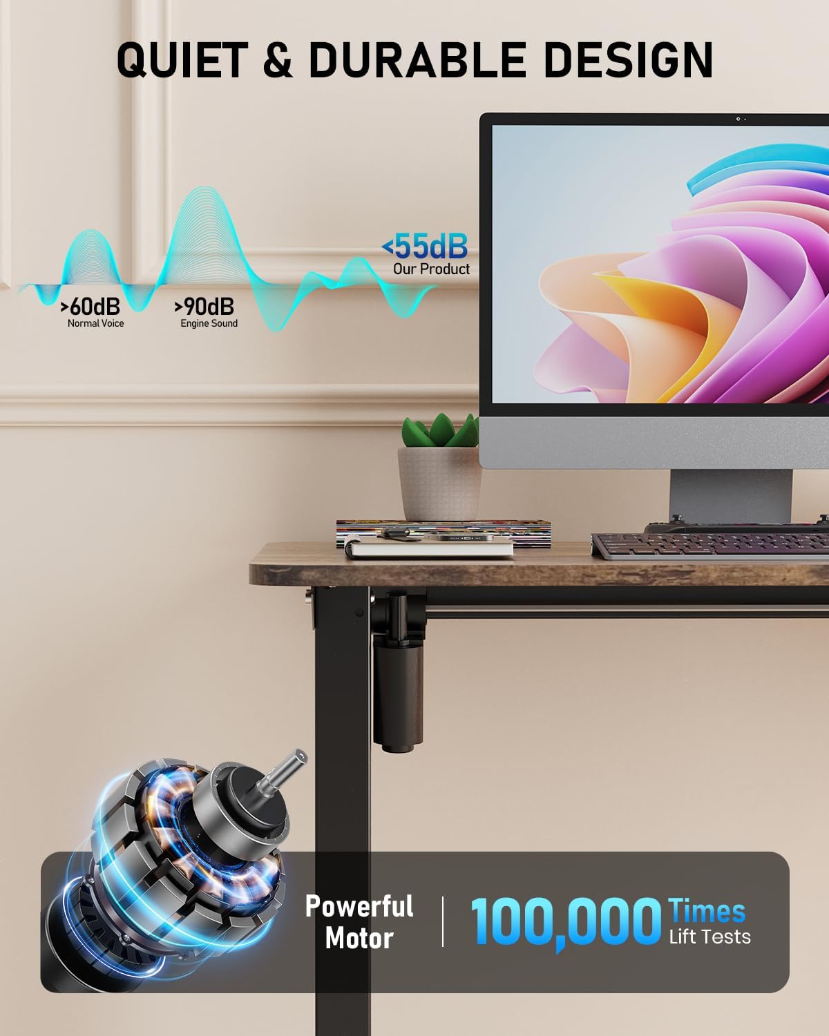 Electric Standing Desk, Large Height Adjustable Stand up Desk, 48 x 24 Inches Sit Stand Home Office Desk, with Splice Board, Black Frame/Rustic Brown Top