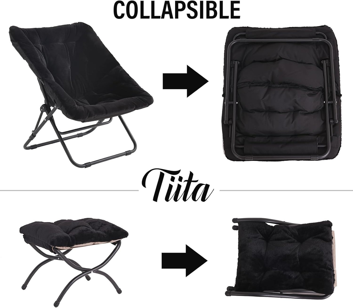 Tiita Folded Chair with Ottoman, Soft Faux Fur Oversized Folding Accent Chair,Lounge Lazy Chair, Metal Frame Moon Chair for Bedroom, Living Room, Dorm Rooms, Garden and Courtyard