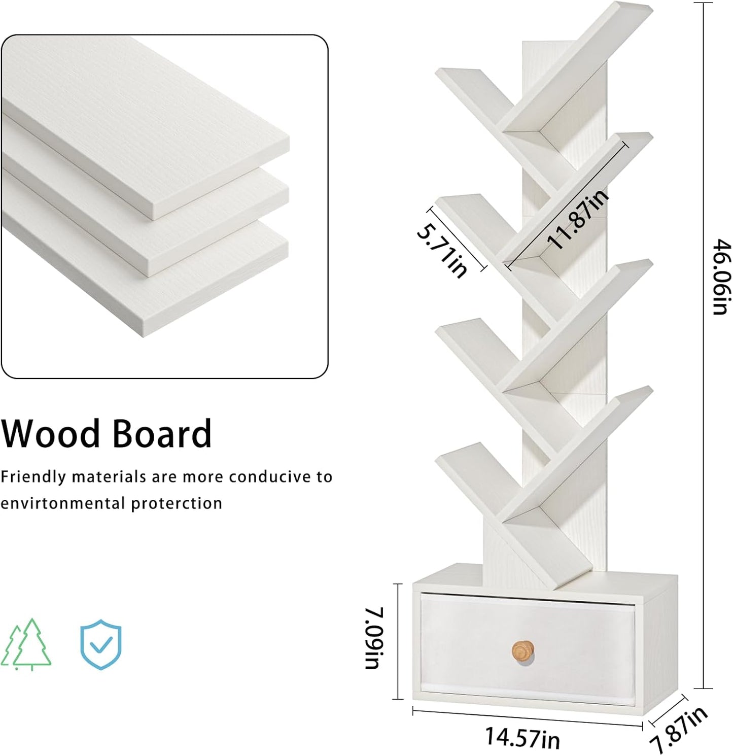 8 Tier Tree Bookshelf with Drawer, Free Standing Wood Bookcase for Narrow Space, Storage Organizer Bookshelves for Books, Book Case for Home Office, Living Room, Bedroom - Sweet White
