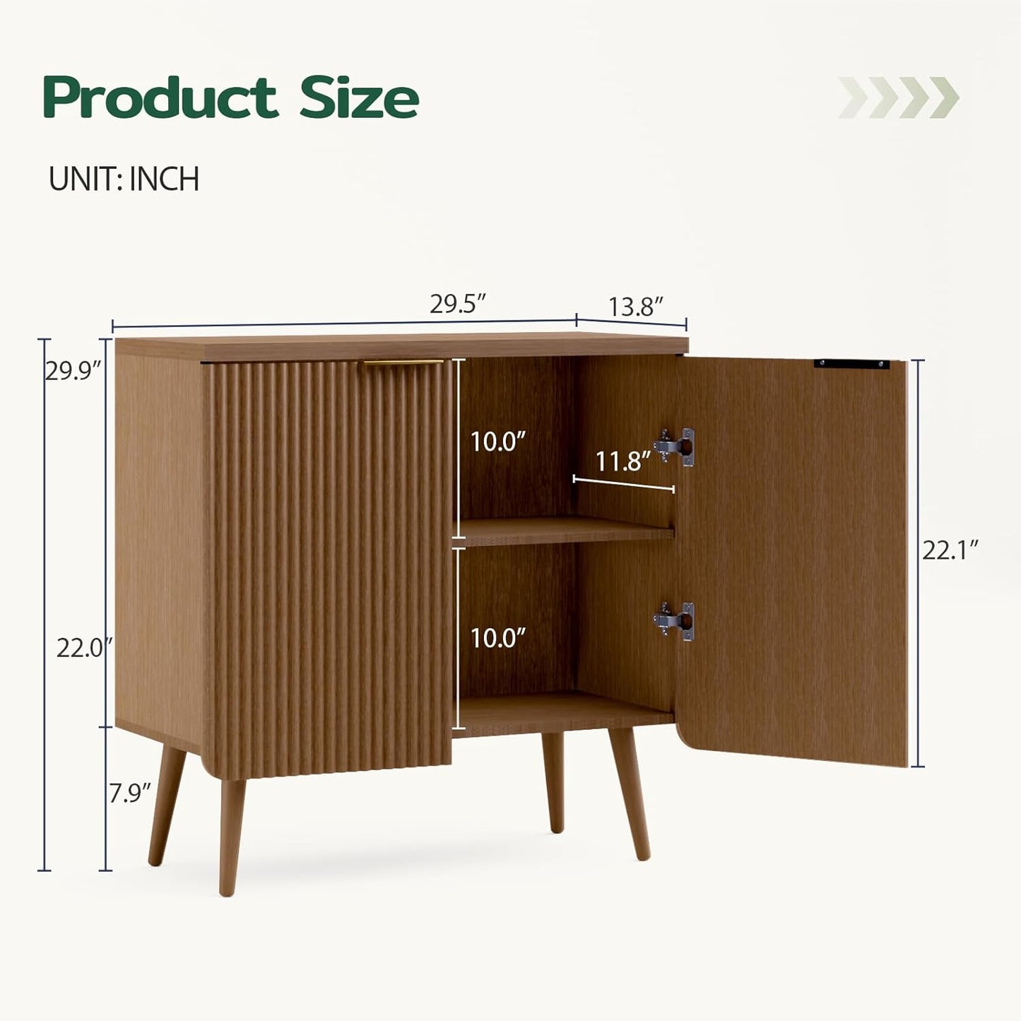 29.5" Sideboard Cabinet with 2 Doors, Modern Buffet Cabinet with Adjustable Shelf, Dining Room Sideboard, Fluted Buffet Sideboard for Living Room, Hallway, Entryway, Walnut